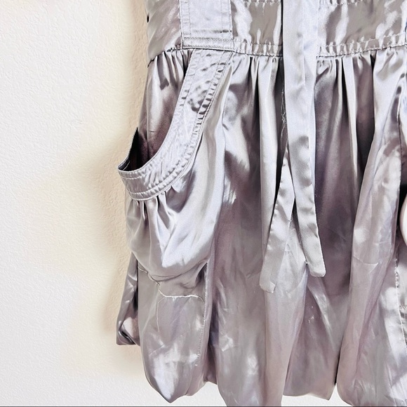 Y2K Silver Satin V-Neck Neck Tie Short Sleeve Bubble Mini Dress - Picture 9 of 16